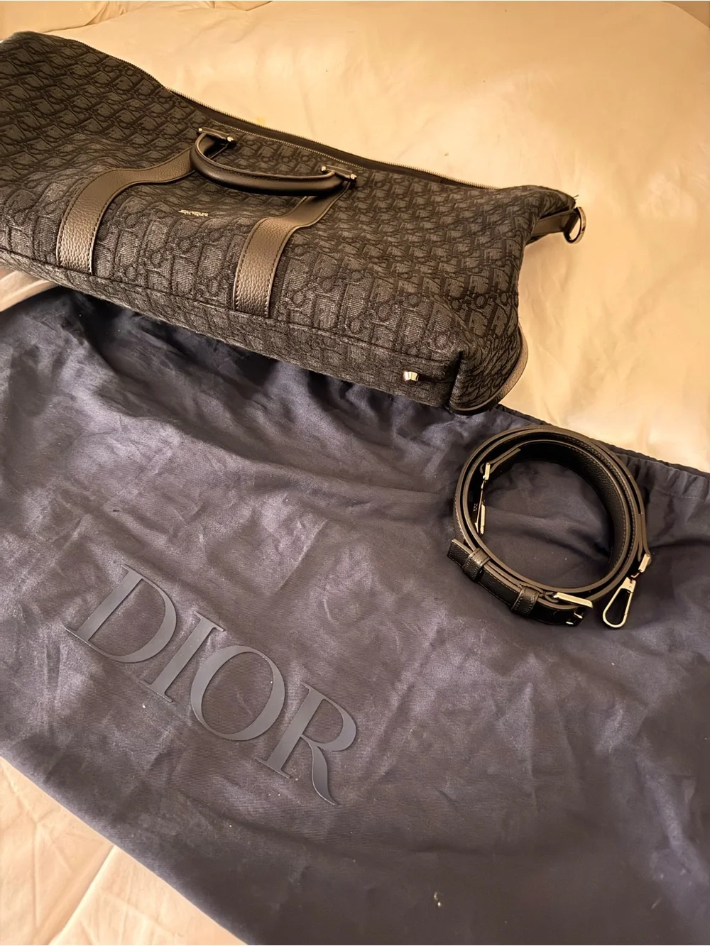 Dior Gray Monogram Canvas Duffel with Leather Trim